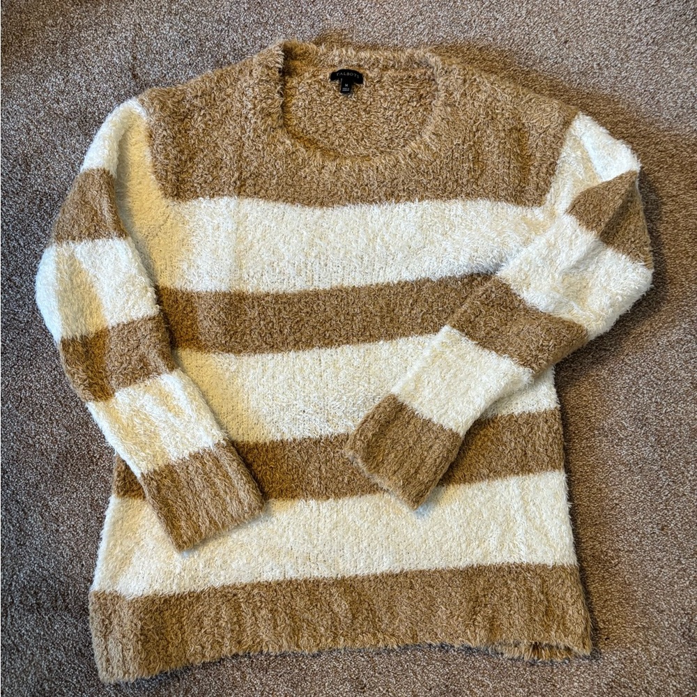 Talbots Women's Striped Fuzzy Sweater - Tan & White Size M